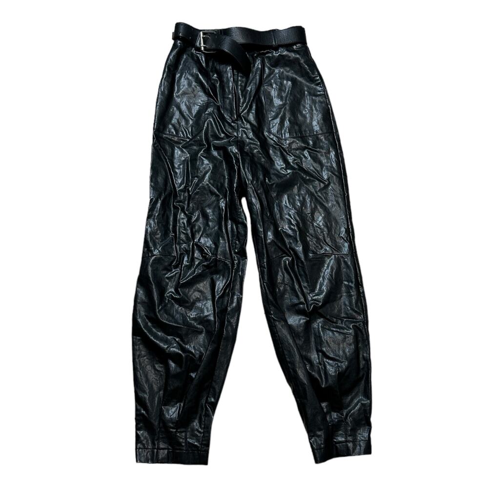 STAGE High-Rise Black Pleather Faux Leather Pants Belted Size Small Emo